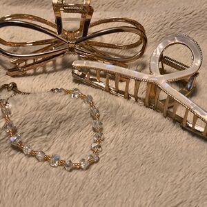 Gold and Pearl Hair Clips with Crystal Bracelet